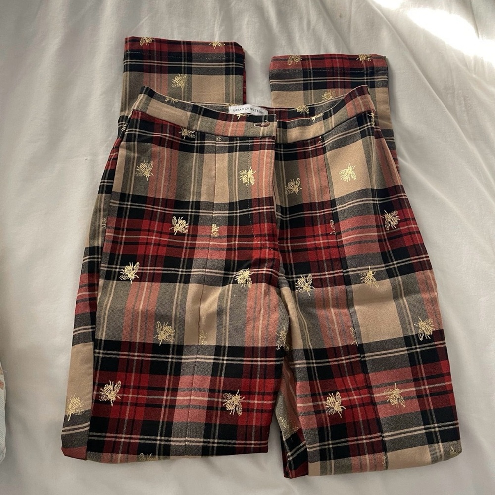 Urban Outfitters Red Plaid Pants with Gold Embroidery